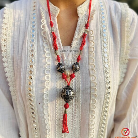 Handmade Red Beaded Necklace with Tribal Tassel Pendant, Beaded Chain Necklace - Picture 1 of 13